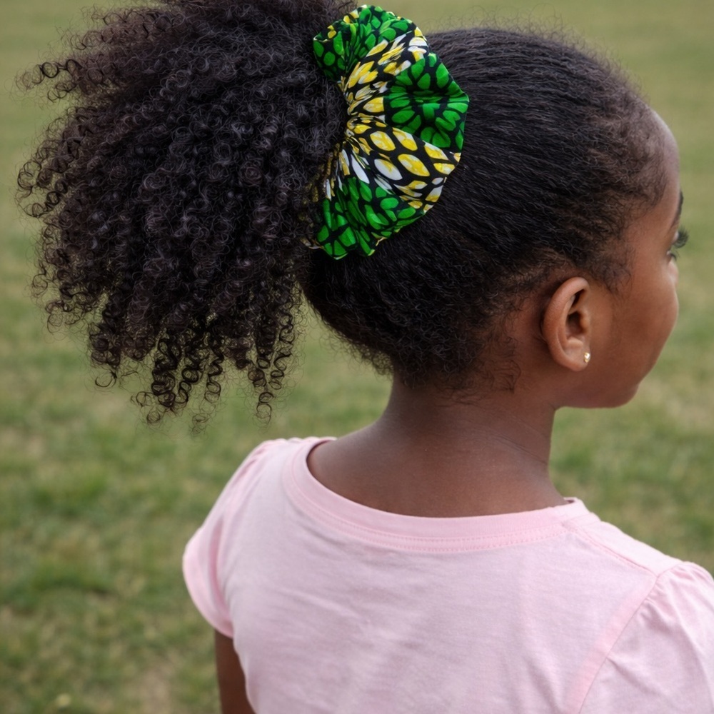 Green and Yellow Patterned Hair Scrunchie. Medium